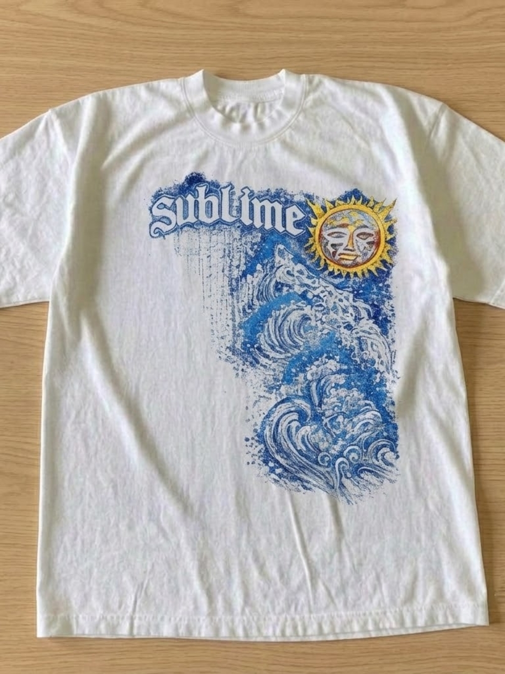 White shirt, Sublime with blue wave and sun graphic t-shirt